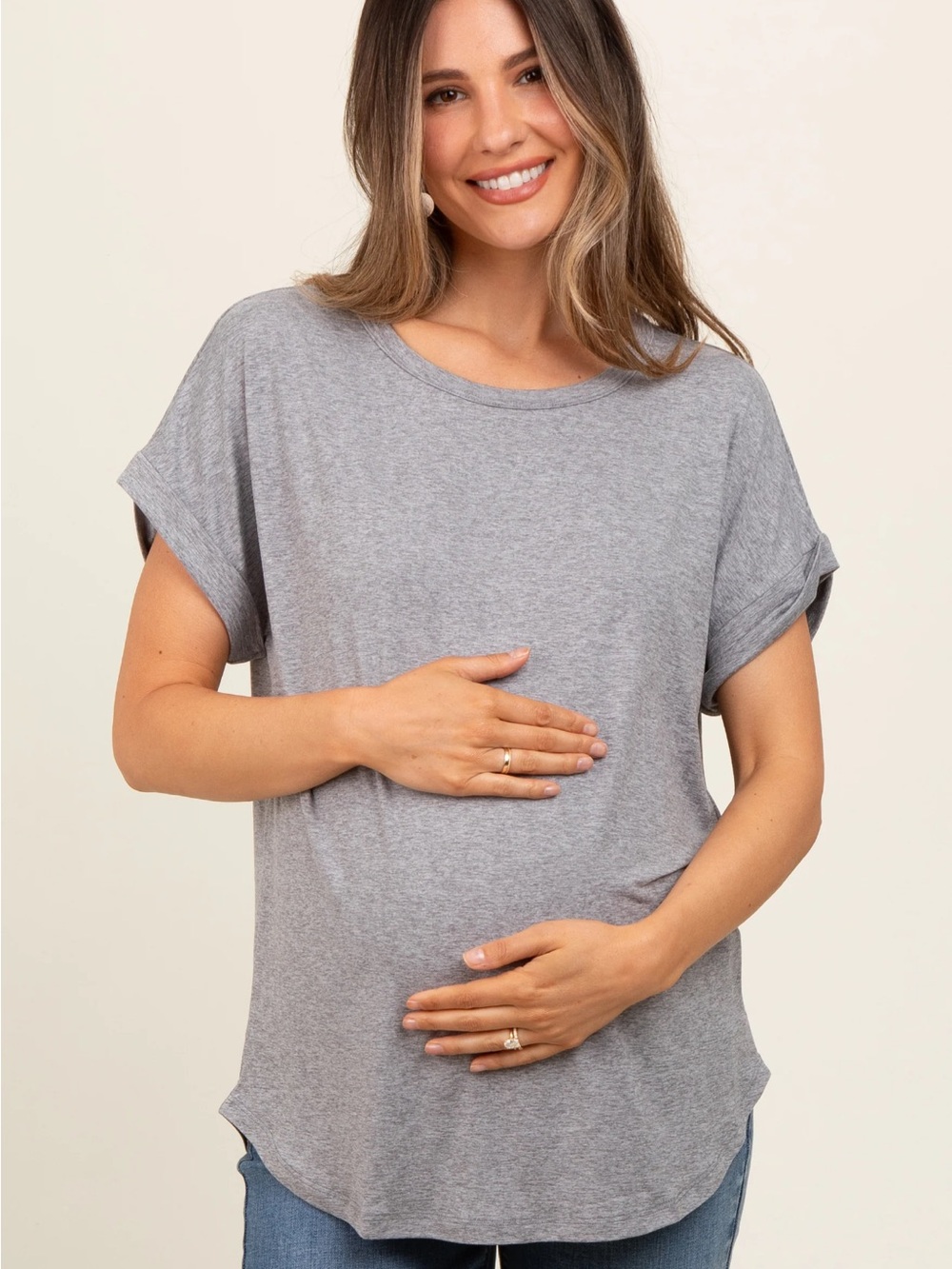 PinkBlush Grey Rolled Cuff Maternity Short
Sleeve Top
